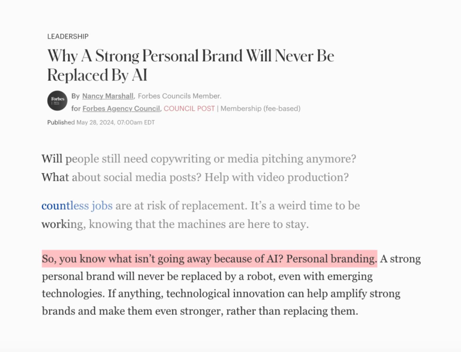 Forbes: Why a strong personal brand will never be replaced by AI