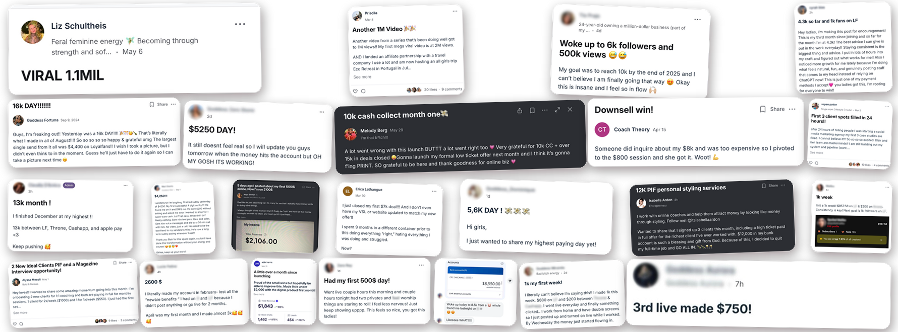 Student wins: viral posts, client spots filled, 1k weeks, 13k months, 65k year